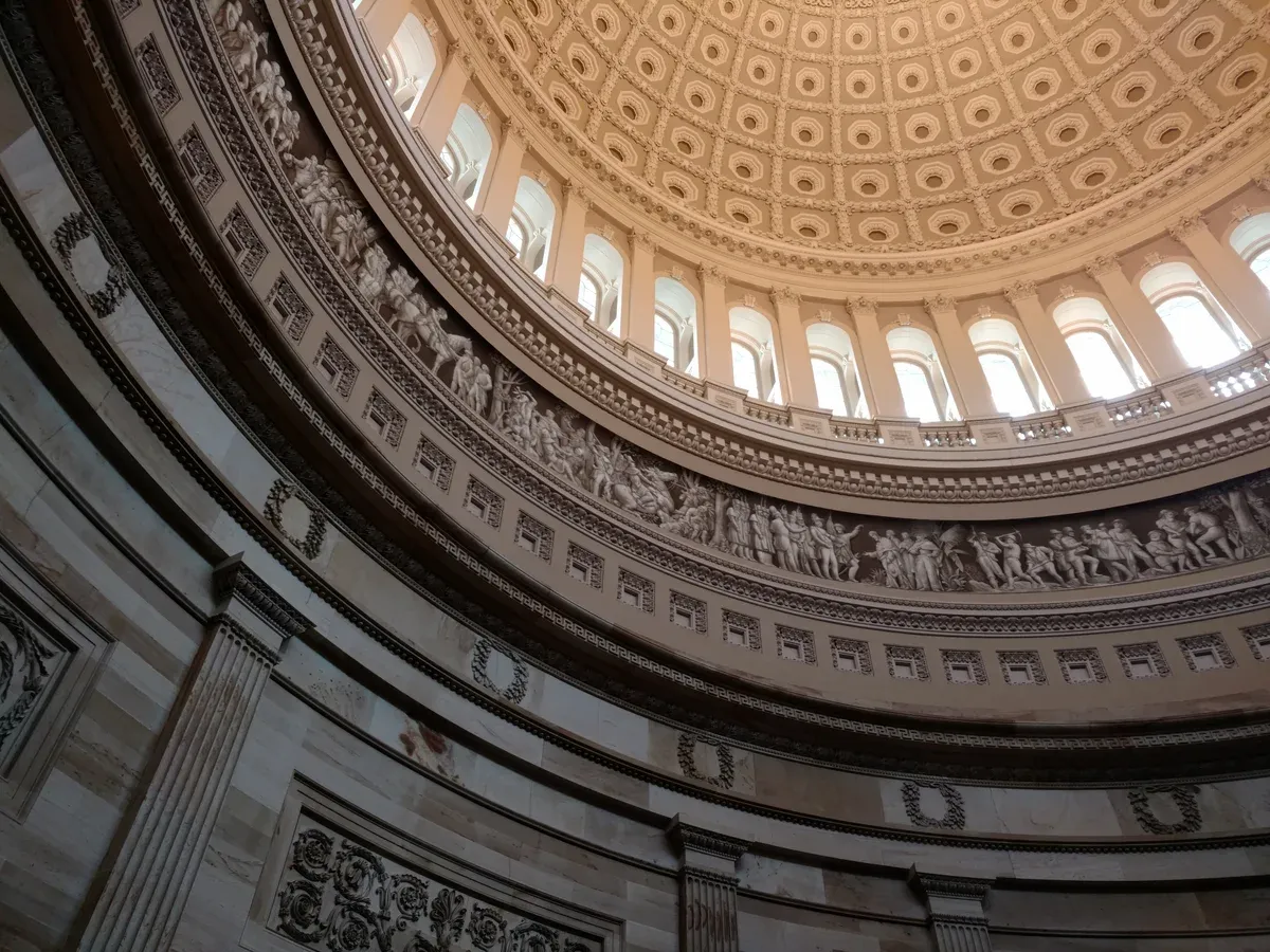 The painted dome of the US Capitol Rotunda, the centre of the Capitol visit on a Washington DC tour for seniors