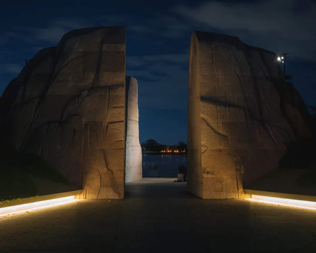 The granite Stone of Hope statue at the Martin Luther King Jr. Memorial, a photo stop on a Washington DC tour for seniors by electric cart